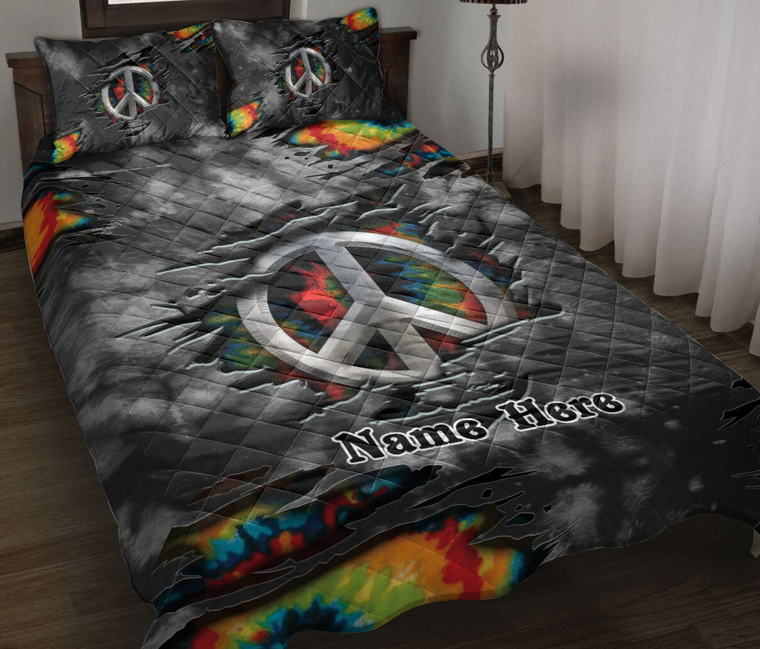 Ohaprints-Quilt-Bed-Set-Pillowcase-Hippie-Peace-Sign-Grey-Colorful-Tie-Dye-Pattern-Custom-Personalized-Name-Blanket-Bedspread-Bedding-2978-Throw (55'' x 60'')