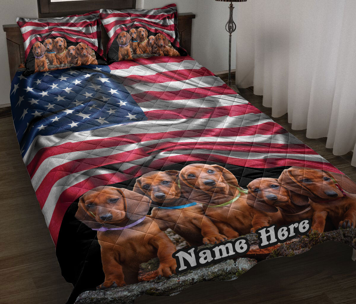 Ohaprints-Quilt-Bed-Set-Pillowcase-Dachshund-Weiner-Doxie-American-Flag-Dog-Lover-Gift-Custom-Personalized-Name-Blanket-Bedspread-Bedding-2549-Throw (55'' x 60'')