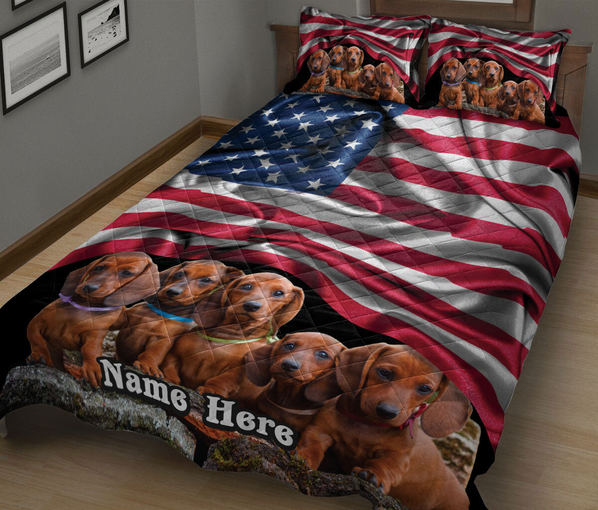 Ohaprints-Quilt-Bed-Set-Pillowcase-Dachshund-Weiner-Doxie-American-Flag-Dog-Lover-Gift-Custom-Personalized-Name-Blanket-Bedspread-Bedding-2549-King (90'' x 100'')