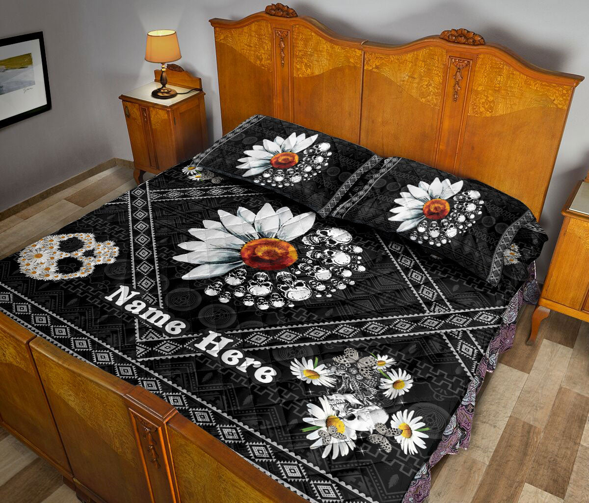 Ohaprints-Quilt-Bed-Set-Pillowcase-Skull-Lover-Daisy-You-Are-My-Sunshine-Flower-Custom-Personalized-Name-Blanket-Bedspread-Bedding-2429-Queen (80'' x 90'')