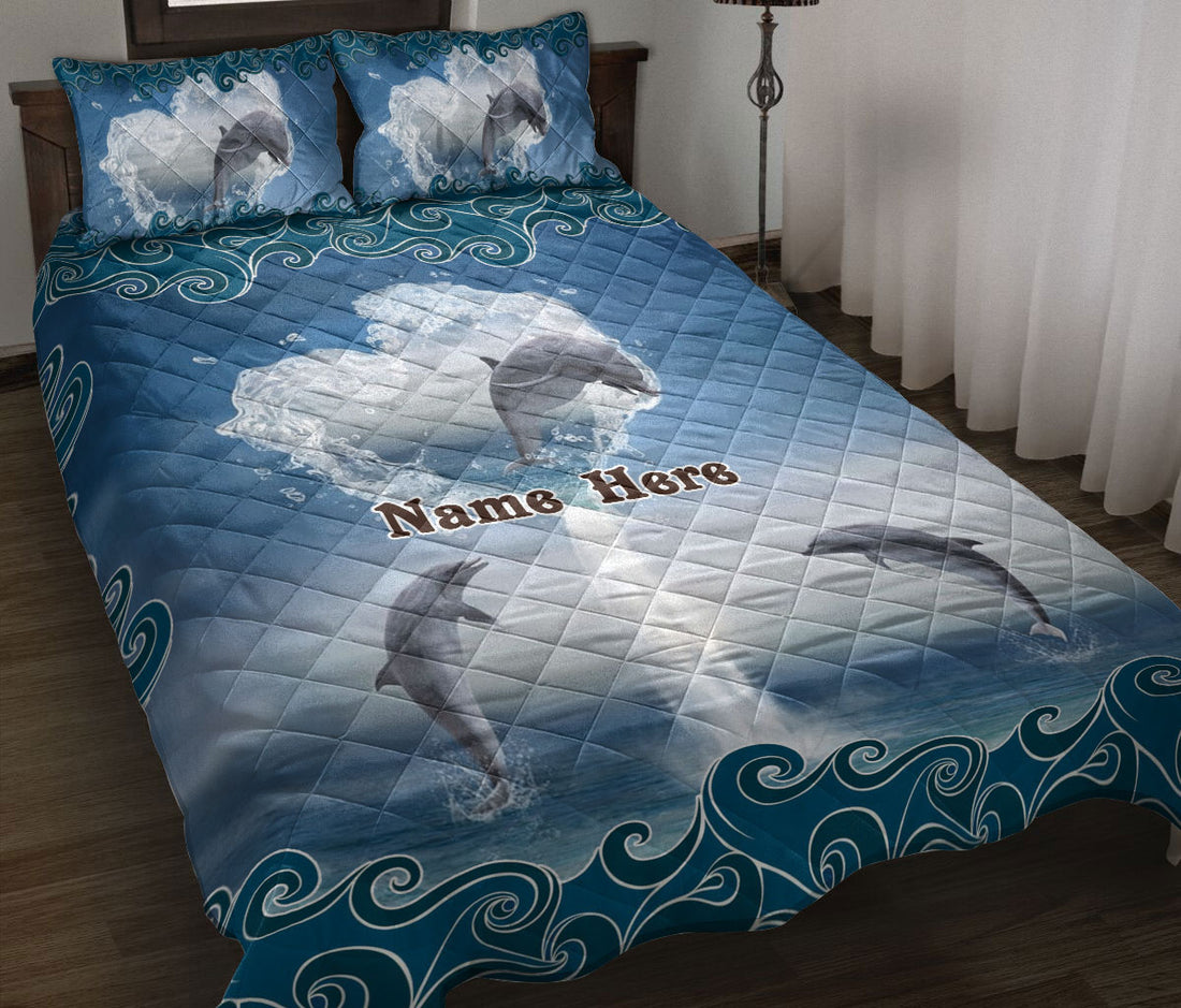 Ohaprints-Quilt-Bed-Set-Pillowcase-Dolphin-&-Heart-Waves-Ocean-Animal-Lover-Unique-Gift-Custom-Personalized-Name-Blanket-Bedspread-Bedding-2847-Throw (55'' x 60'')