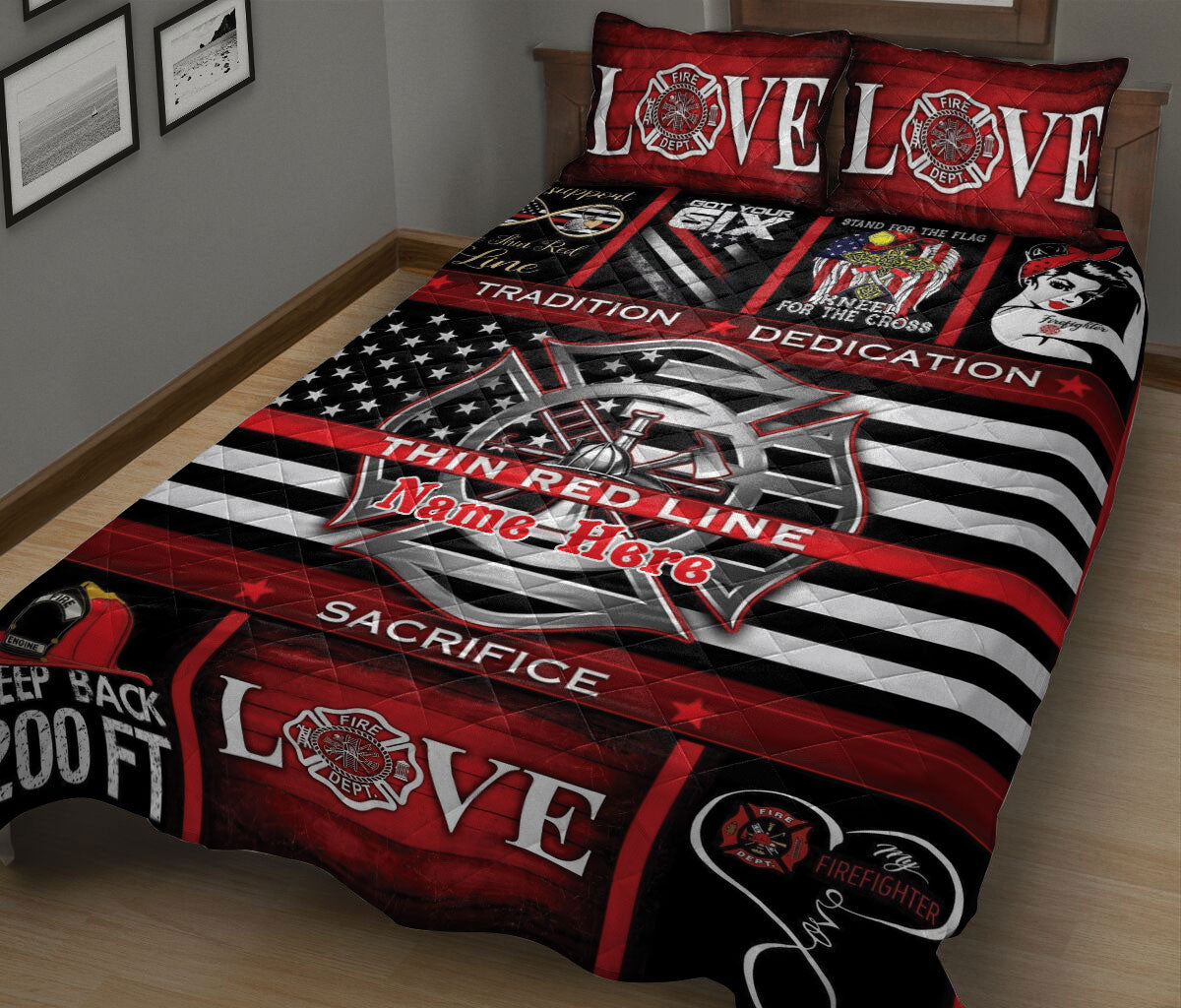 Ohaprints-Quilt-Bed-Set-Pillowcase-Firefighter-Thin-Red-Line-Fireman-Unique-Gift-Custom-Personalized-Name-Blanket-Bedspread-Bedding-1790-King (90'' x 100'')