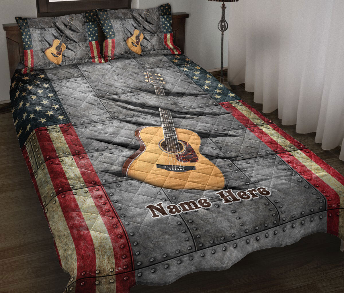 Ohaprints-Quilt-Bed-Set-Pillowcase-Guitar-American-Flag-Guitar-Lover-Unique-Gift-Custom-Personalized-Name-Blanket-Bedspread-Bedding-2998-Throw (55'' x 60'')