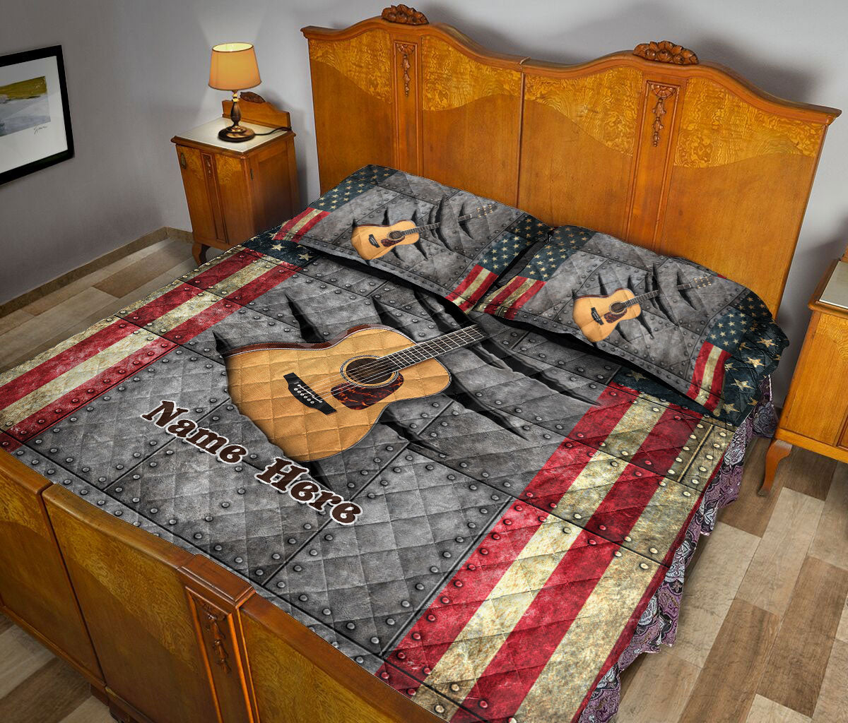 Ohaprints-Quilt-Bed-Set-Pillowcase-Guitar-American-Flag-Guitar-Lover-Unique-Gift-Custom-Personalized-Name-Blanket-Bedspread-Bedding-2998-Queen (80'' x 90'')