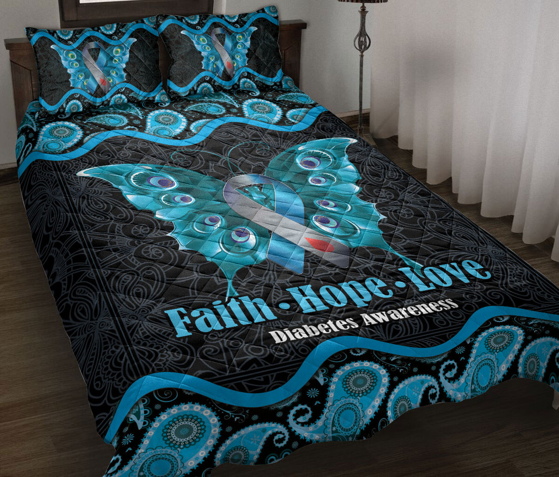 Ohaprints-Quilt-Bed-Set-Pillowcase-Diabetes-Awareness-Butterfly-Blue-Ribbon-Mandala-Pattern-Blanket-Bedspread-Bedding-1354-Throw (55'' x 60'')