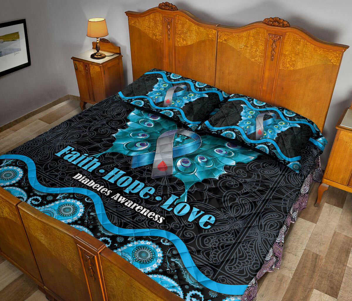 Ohaprints-Quilt-Bed-Set-Pillowcase-Diabetes-Awareness-Butterfly-Blue-Ribbon-Mandala-Pattern-Blanket-Bedspread-Bedding-1354-Queen (80'' x 90'')