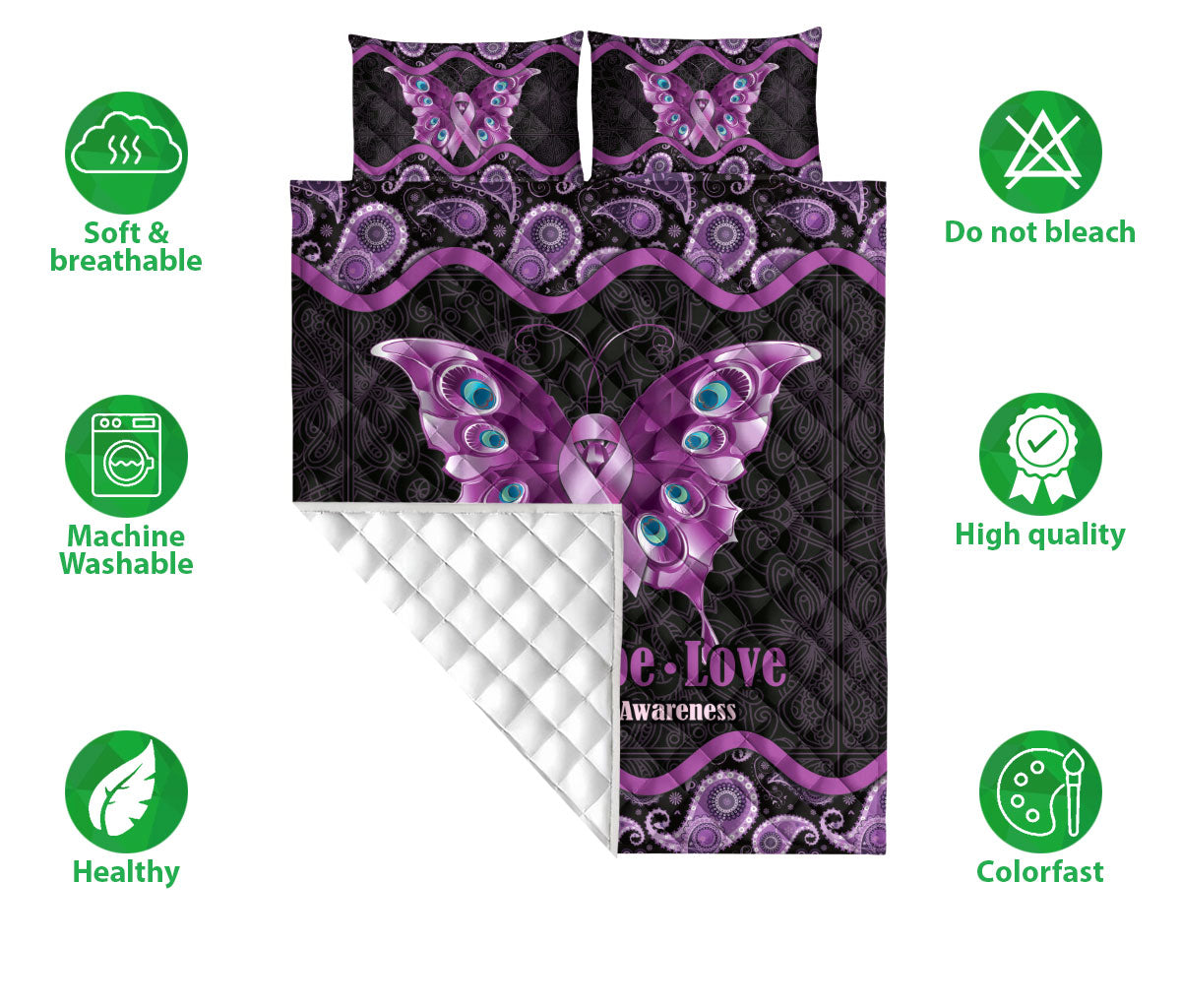 Ohaprints-Quilt-Bed-Set-Pillowcase-Fibromyalgia-Awareness-Butterfly-Purple-Ribbon-Mandala-Pattern-Blanket-Bedspread-Bedding-2454-Double (70'' x 80'')