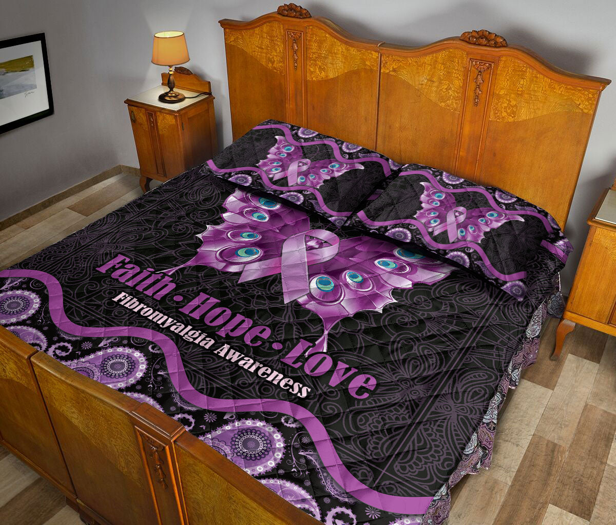 Ohaprints-Quilt-Bed-Set-Pillowcase-Fibromyalgia-Awareness-Butterfly-Purple-Ribbon-Mandala-Pattern-Blanket-Bedspread-Bedding-2454-Queen (80'' x 90'')