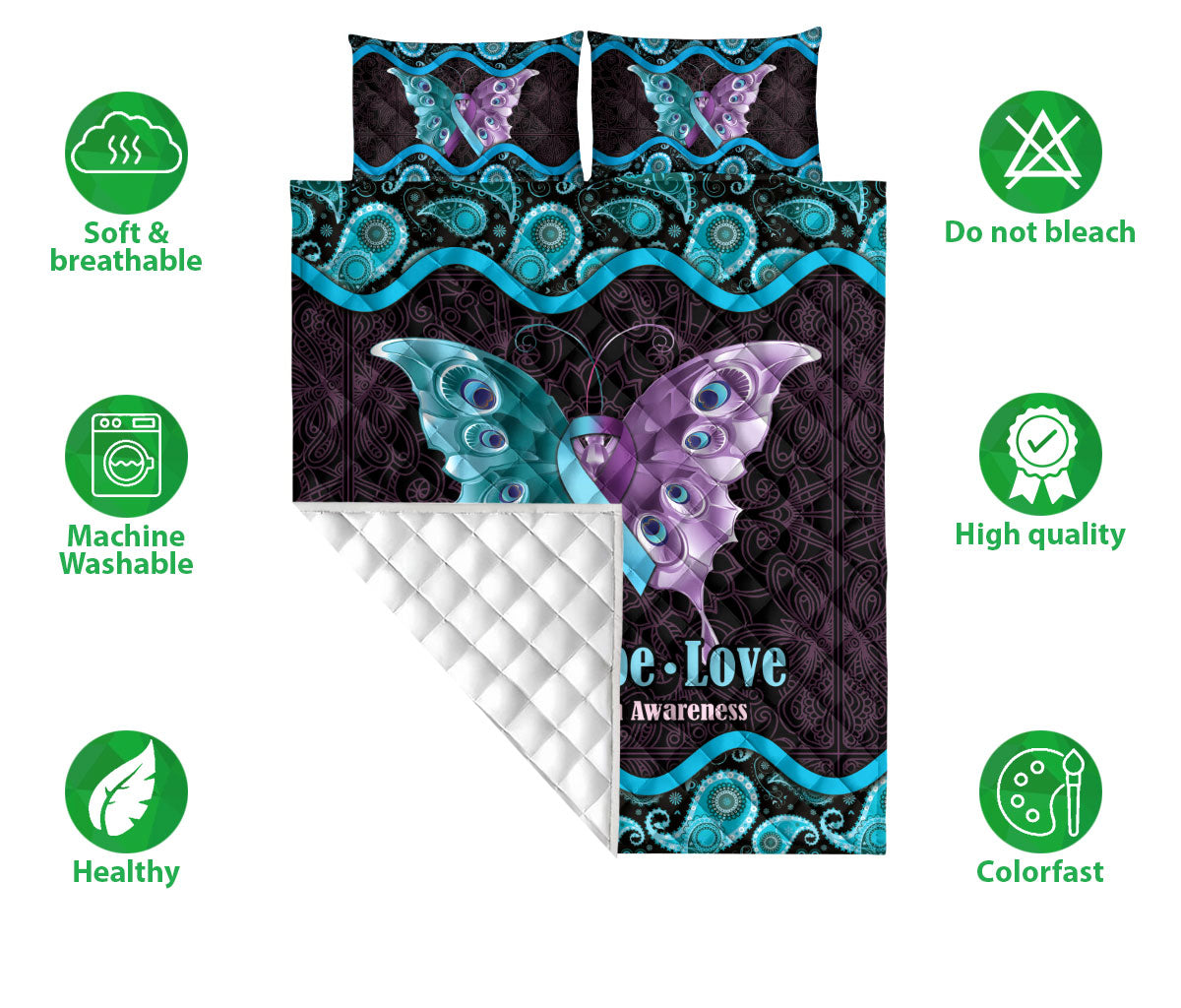 Ohaprints-Quilt-Bed-Set-Pillowcase-Suicide-Prevention-Awareness-Butterfly-Mandala-Pattern-Blanket-Bedspread-Bedding-2442-Double (70'' x 80'')