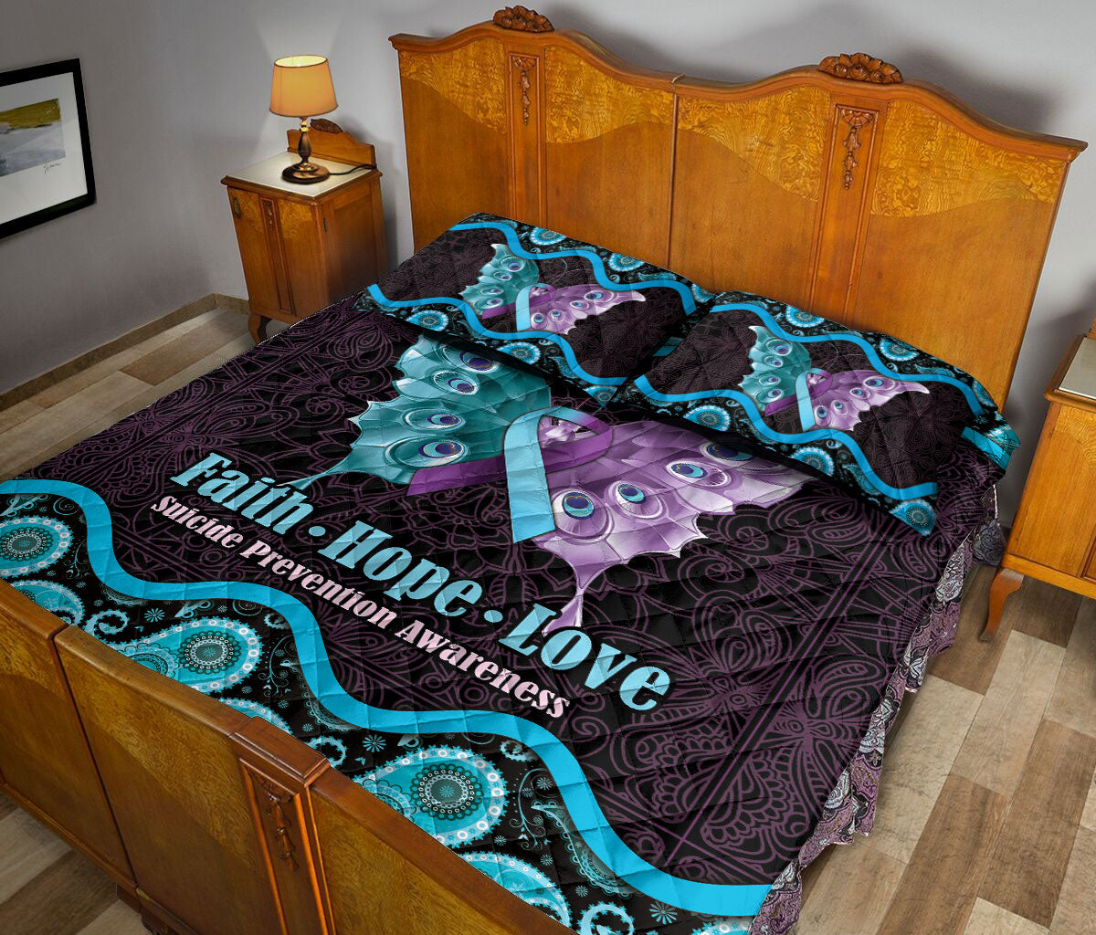 Ohaprints-Quilt-Bed-Set-Pillowcase-Suicide-Prevention-Awareness-Butterfly-Mandala-Pattern-Blanket-Bedspread-Bedding-2442-Queen (80'' x 90'')