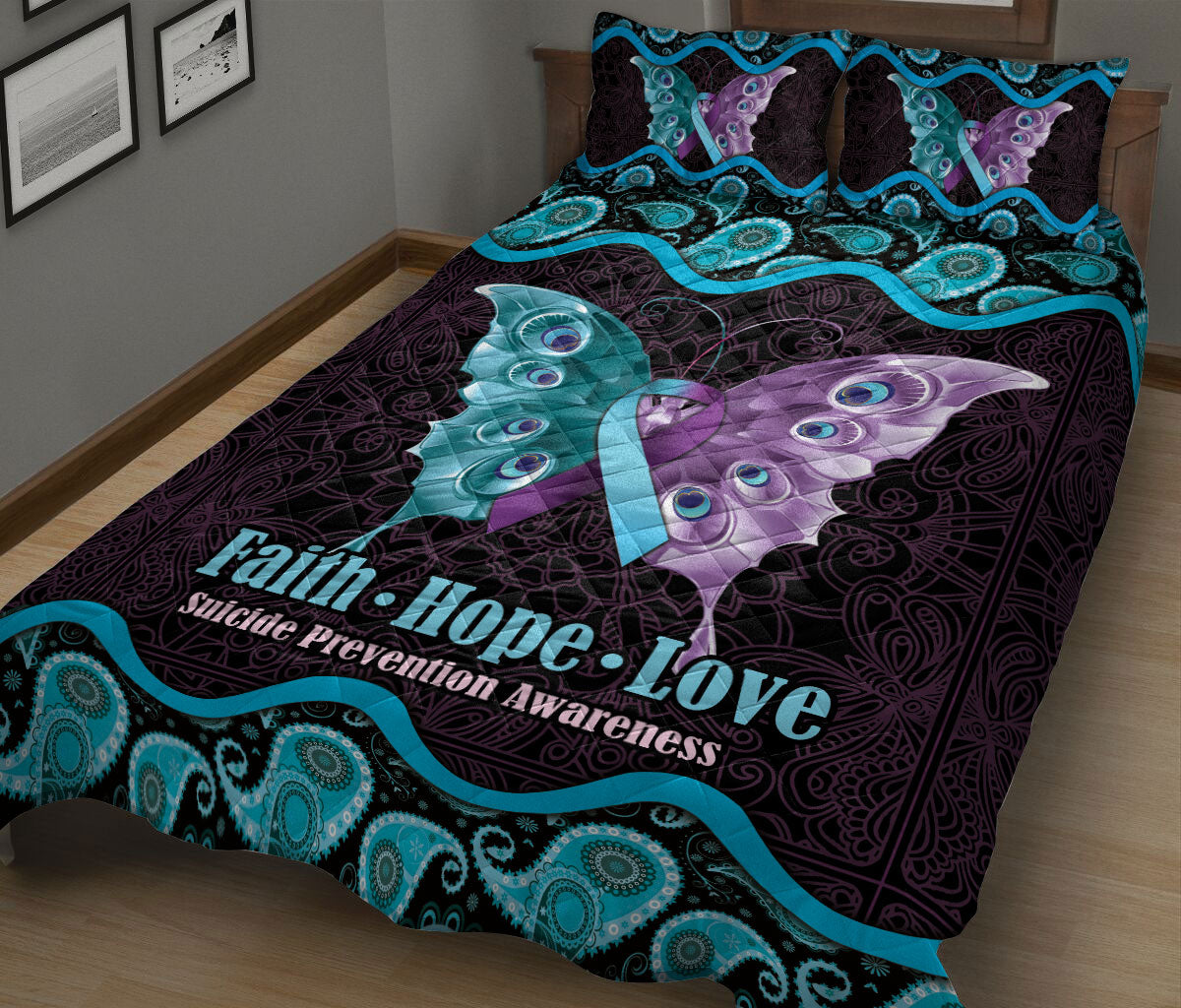 Ohaprints-Quilt-Bed-Set-Pillowcase-Suicide-Prevention-Awareness-Butterfly-Mandala-Pattern-Blanket-Bedspread-Bedding-2442-King (90'' x 100'')