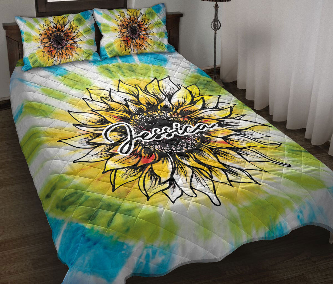 Ohaprints-Quilt-Bed-Set-Pillowcase-Rainbow-Sunflower-Boho-Hippie-Tie-Dye-Custom-Personalized-Name-Blanket-Bedspread-Bedding-772-Throw (55'' x 60'')