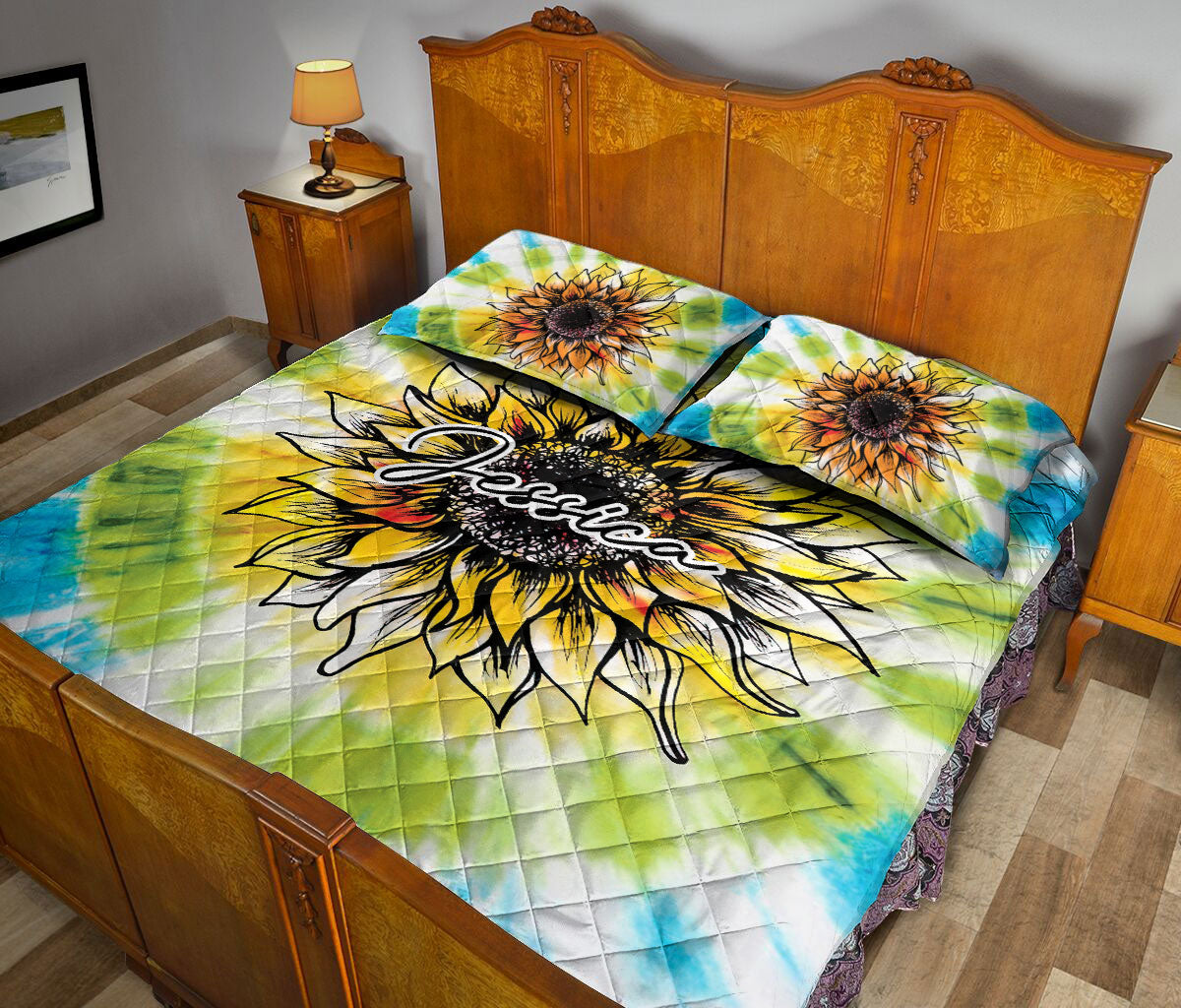 Ohaprints-Quilt-Bed-Set-Pillowcase-Rainbow-Sunflower-Boho-Hippie-Tie-Dye-Custom-Personalized-Name-Blanket-Bedspread-Bedding-772-Queen (80'' x 90'')