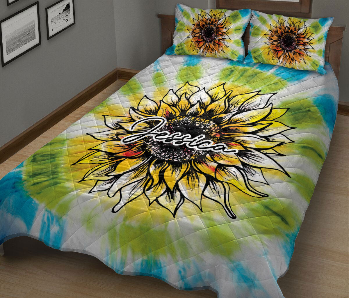 Ohaprints-Quilt-Bed-Set-Pillowcase-Rainbow-Sunflower-Boho-Hippie-Tie-Dye-Custom-Personalized-Name-Blanket-Bedspread-Bedding-772-King (90'' x 100'')