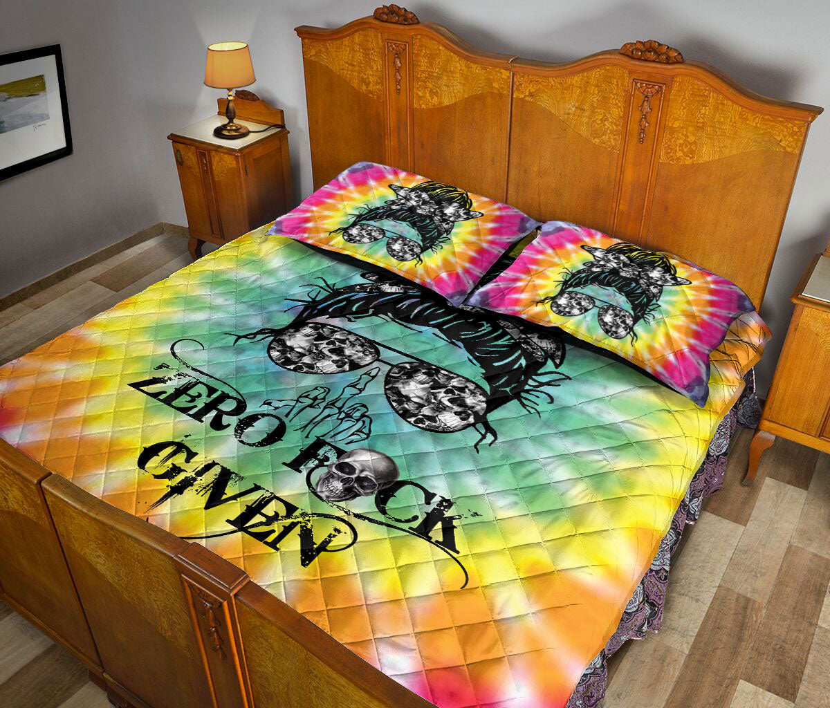 Ohaprints-Quilt-Bed-Set-Pillowcase-Gothic-Skull-Zero-Given-Boho-Hippie-Rainbow-Tie-Dye-Pattern-Blanket-Bedspread-Bedding-1-Queen (80'' x 90'')
