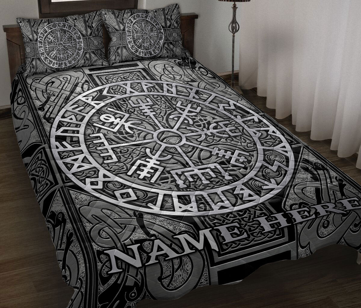 Ohaprints-Quilt-Bed-Set-Pillowcase-Viking-Celtic-Compass-Vegvisir-Circle-Norse-Runes-Custom-Personalized-Name-Blanket-Bedspread-Bedding-2266-Throw (55'' x 60'')