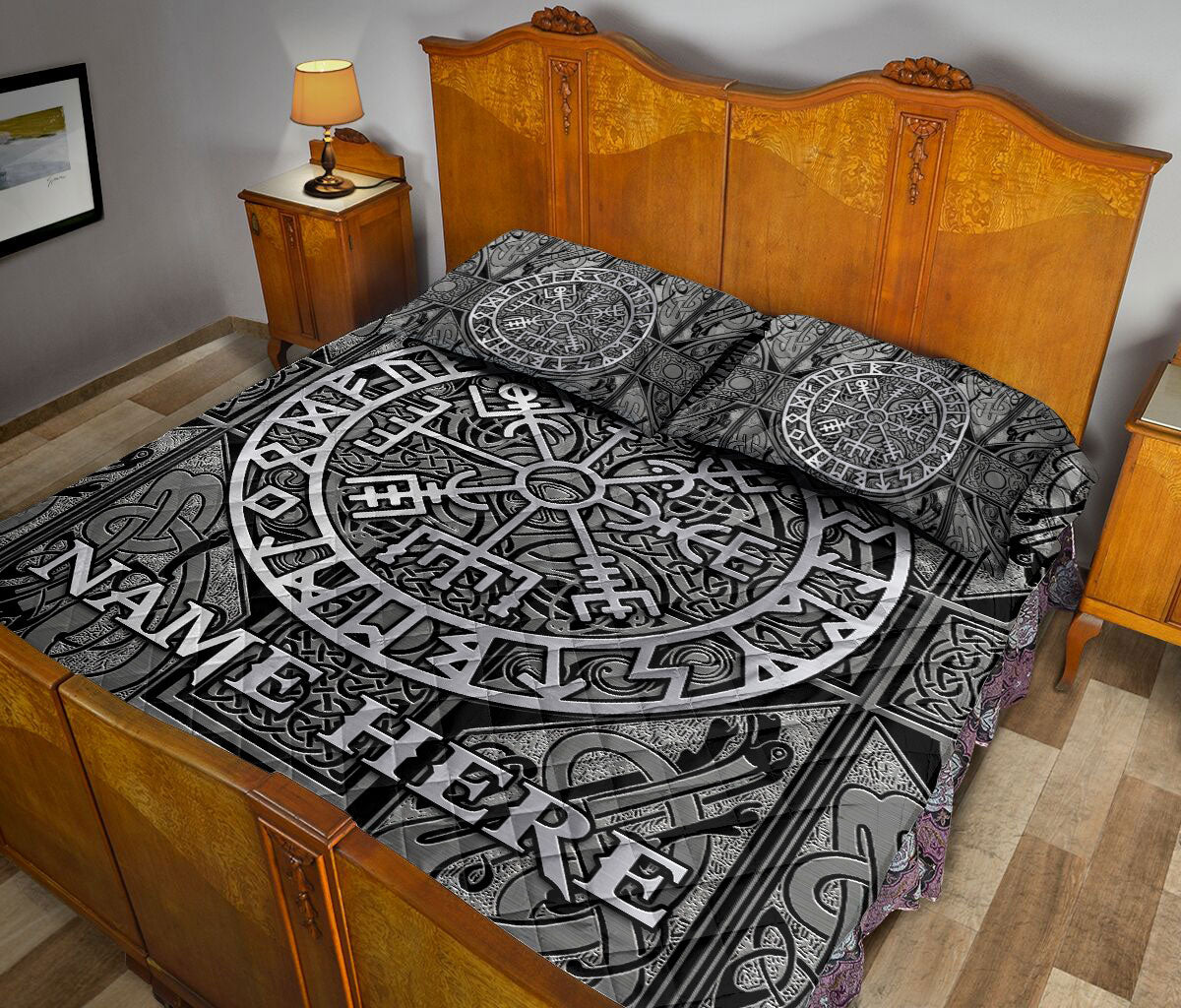 Ohaprints-Quilt-Bed-Set-Pillowcase-Viking-Celtic-Compass-Vegvisir-Circle-Norse-Runes-Custom-Personalized-Name-Blanket-Bedspread-Bedding-2266-Queen (80'' x 90'')