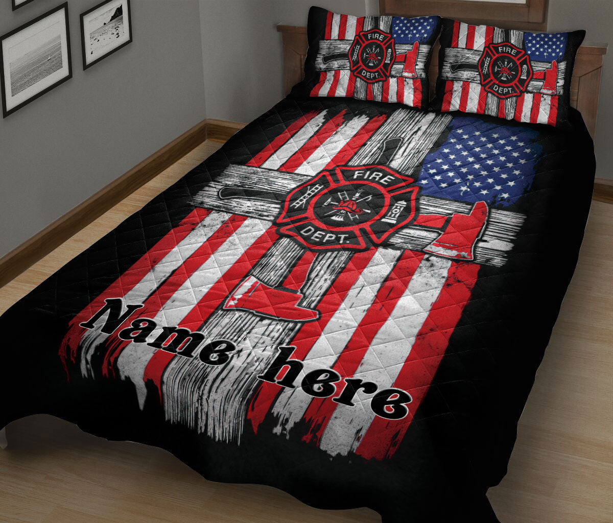 Ohaprints-Quilt-Bed-Set-Pillowcase-Firefighter-Cross-Thin-Red-Line-Us-Flag-Custom-Personalized-Name-Blanket-Bedspread-Bedding-1220-King (90'' x 100'')