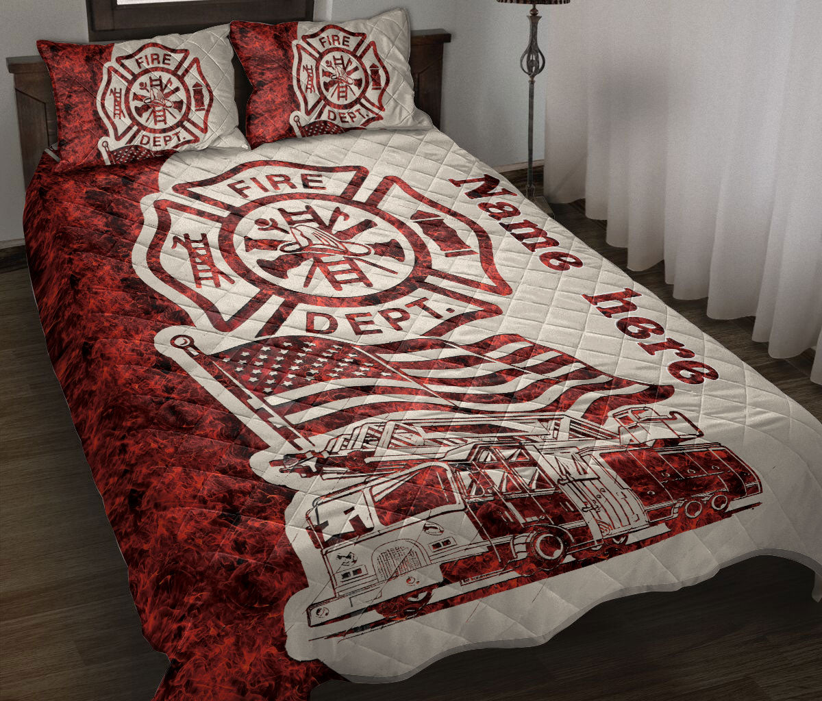 Ohaprints-Quilt-Bed-Set-Pillowcase-Firefighter-Fire-Truck-Thin-Red-Line-Custom-Personalized-Name-Blanket-Bedspread-Bedding-1204-Throw (55'' x 60'')