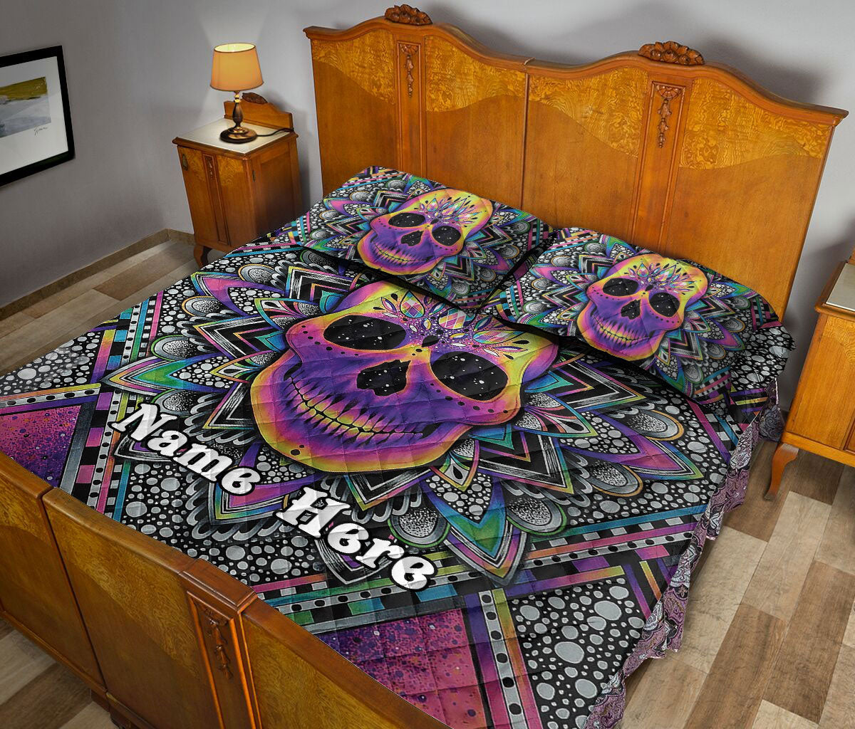 Ohaprints-Quilt-Bed-Set-Pillowcase-Skull-Colorful-Colorful-Mandala-Floral-Pattern-Custom-Personalized-Name-Blanket-Bedspread-Bedding-6-Queen (80'' x 90'')