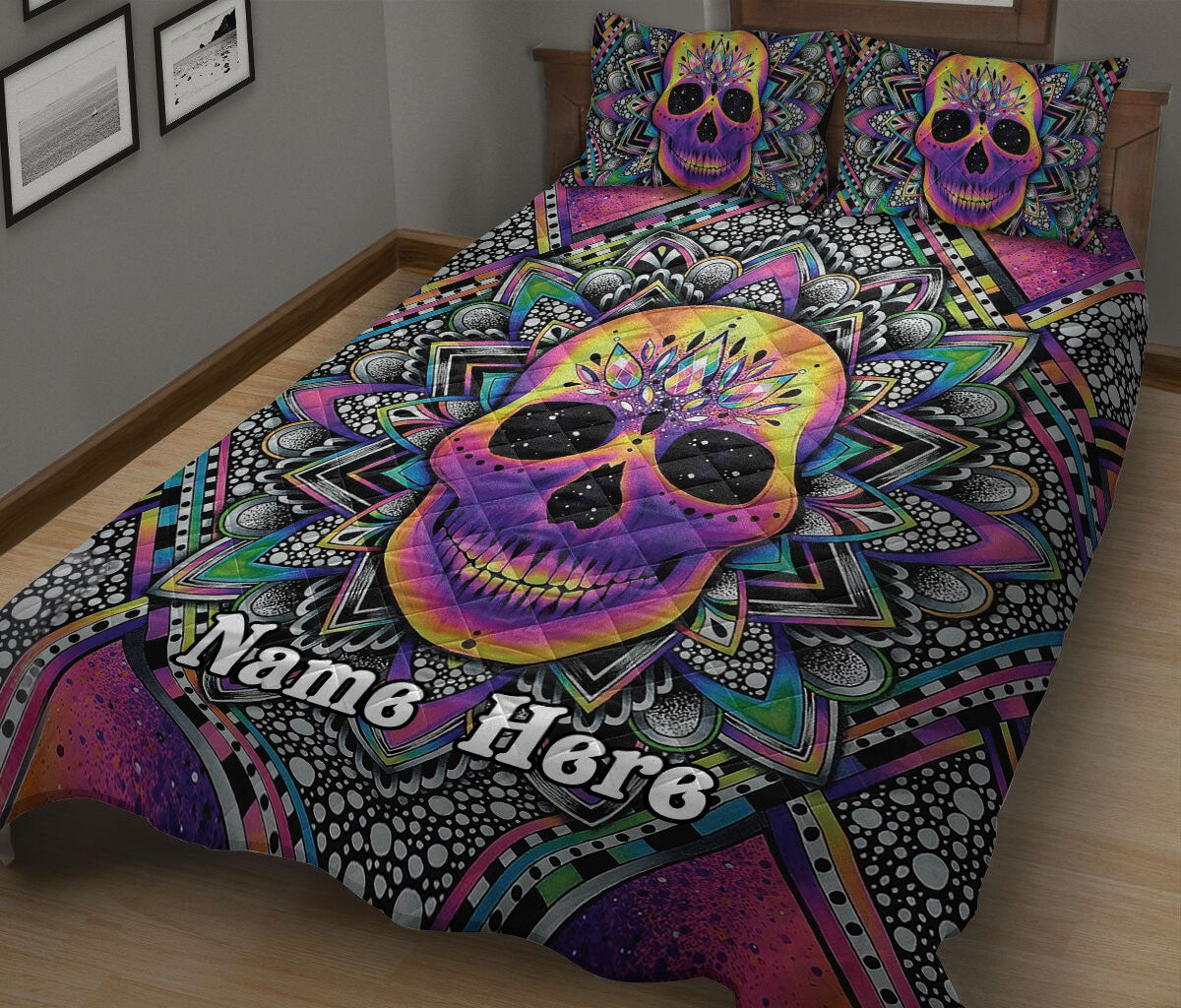 Ohaprints-Quilt-Bed-Set-Pillowcase-Skull-Colorful-Colorful-Mandala-Floral-Pattern-Custom-Personalized-Name-Blanket-Bedspread-Bedding-6-King (90'' x 100'')