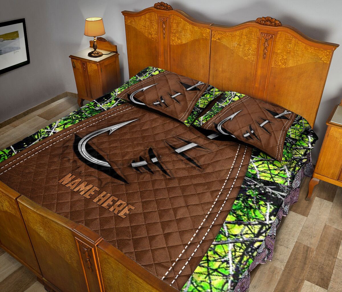 Ohaprints-Quilt-Bed-Set-Pillowcase-Fishing-Hook-Green-Camo-Camouflage-Brown-Pattern-Custom-Personalized-Name-Blanket-Bedspread-Bedding-339-Queen (80'' x 90'')