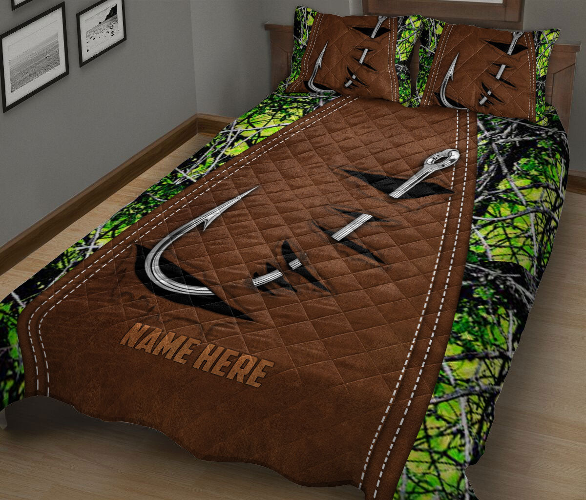 Ohaprints-Quilt-Bed-Set-Pillowcase-Fishing-Hook-Green-Camo-Camouflage-Brown-Pattern-Custom-Personalized-Name-Blanket-Bedspread-Bedding-339-King (90'' x 100'')