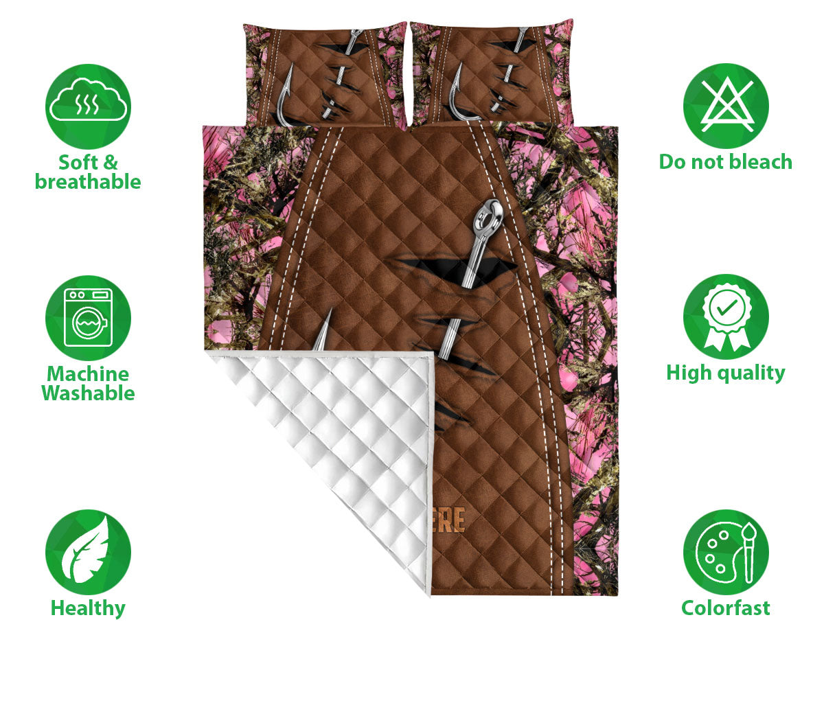 Ohaprints-Quilt-Bed-Set-Pillowcase-Fishing-Hook-Pink-Camo-Camouflage-Brown-Pattern-Custom-Personalized-Name-Blanket-Bedspread-Bedding-931-Double (70'' x 80'')