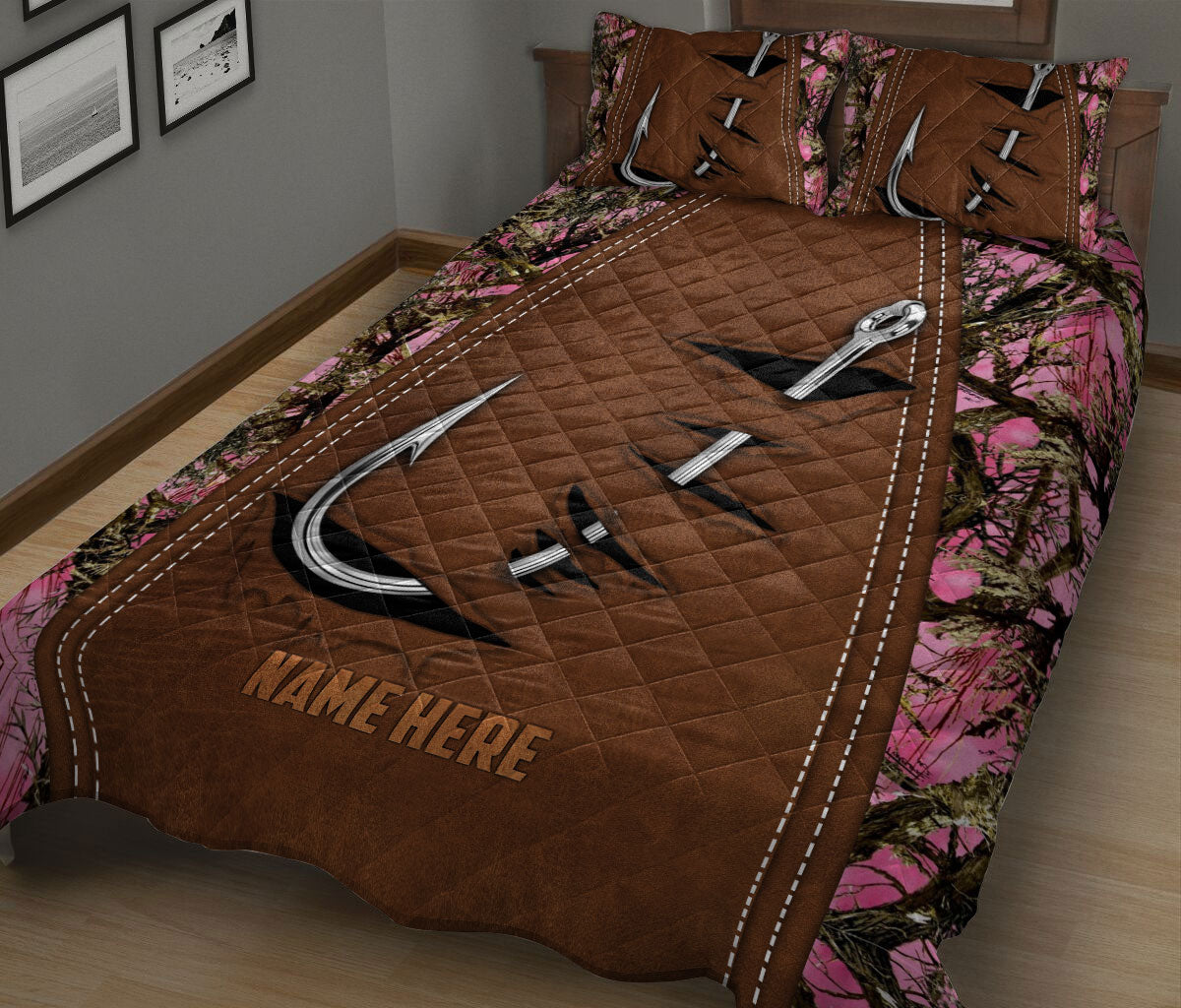 Ohaprints-Quilt-Bed-Set-Pillowcase-Fishing-Hook-Pink-Camo-Camouflage-Brown-Pattern-Custom-Personalized-Name-Blanket-Bedspread-Bedding-931-King (90'' x 100'')