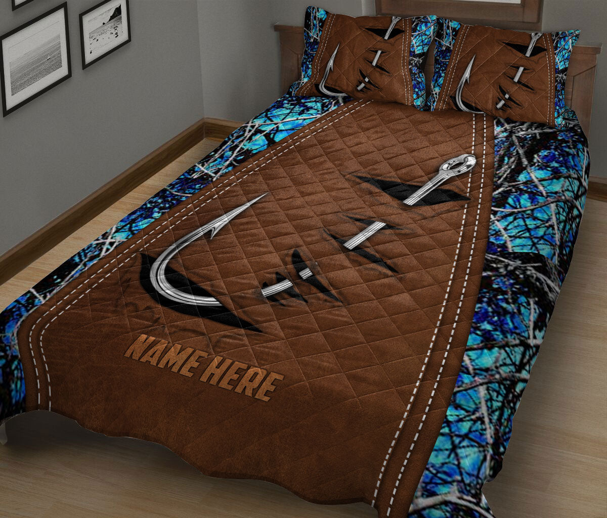 Ohaprints-Quilt-Bed-Set-Pillowcase-Fishing-Hook-Blue-Camo-Camouflage-Brown-Pattern-Custom-Personalized-Name-Blanket-Bedspread-Bedding-3052-King (90'' x 100'')