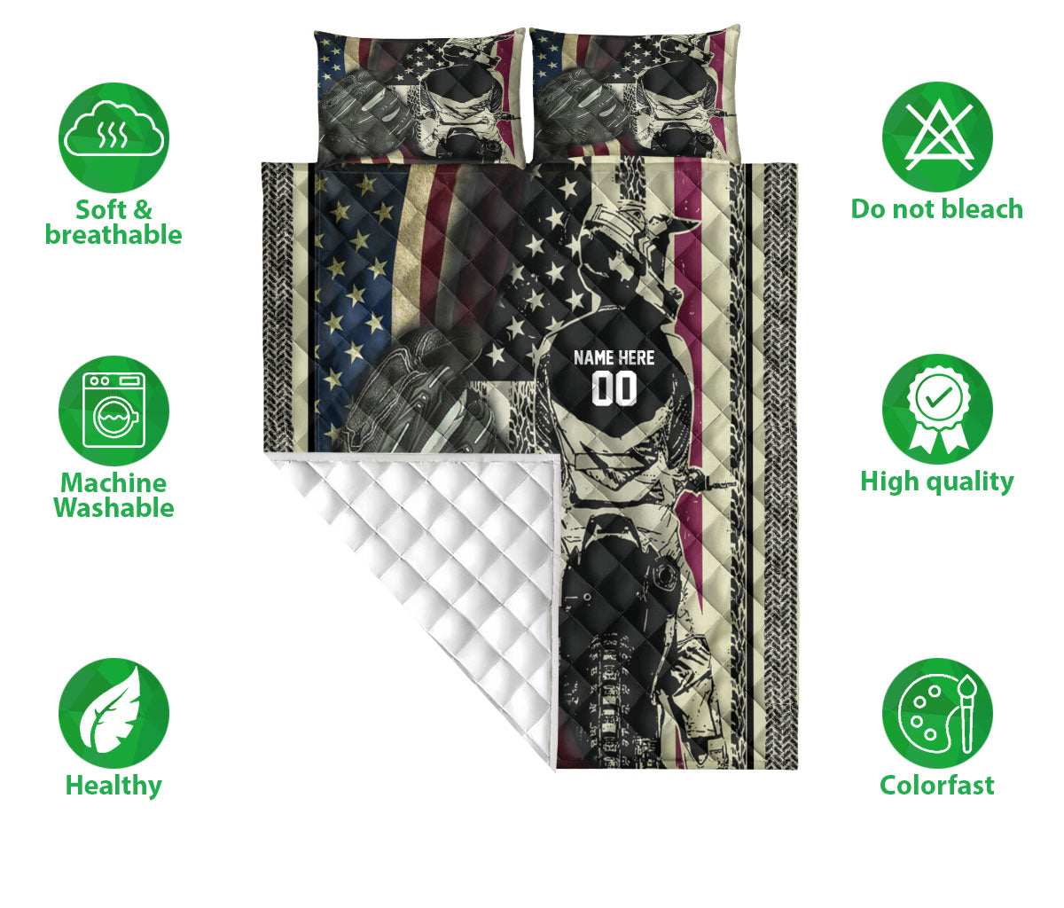 Ohaprints-Quilt-Bed-Set-Pillowcase-Dirt-Bike-Motocross-Racer-Us-Flag-Extreme-Sports-Custom-Personalized-Name-Blanket-Bedspread-Bedding-1331-Double (70'' x 80'')