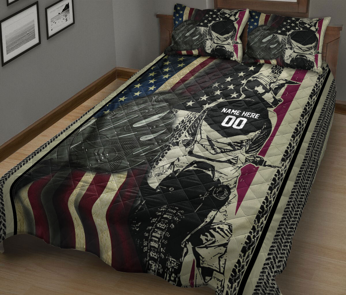 Ohaprints-Quilt-Bed-Set-Pillowcase-Dirt-Bike-Motocross-Racer-Us-Flag-Extreme-Sports-Custom-Personalized-Name-Blanket-Bedspread-Bedding-1331-King (90'' x 100'')