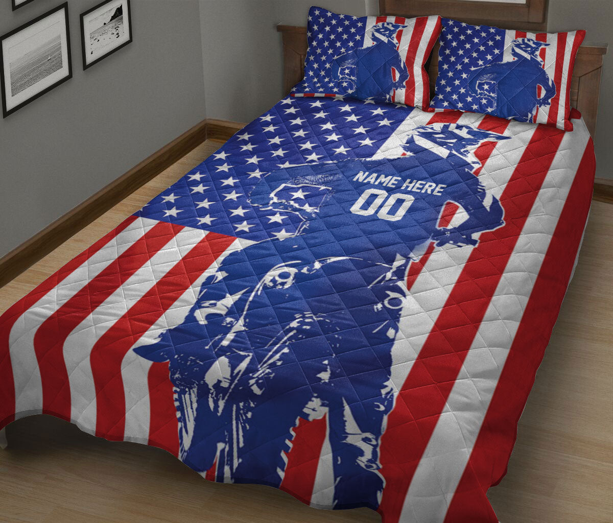 Ohaprints-Quilt-Bed-Set-Pillowcase-Dirt-Bike-Extreme-Sports-Us-Flag-Motocross-Racer-Custom-Personalized-Name-Number-Blanket-Bedspread-Bedding-3036-King (90'' x 100'')