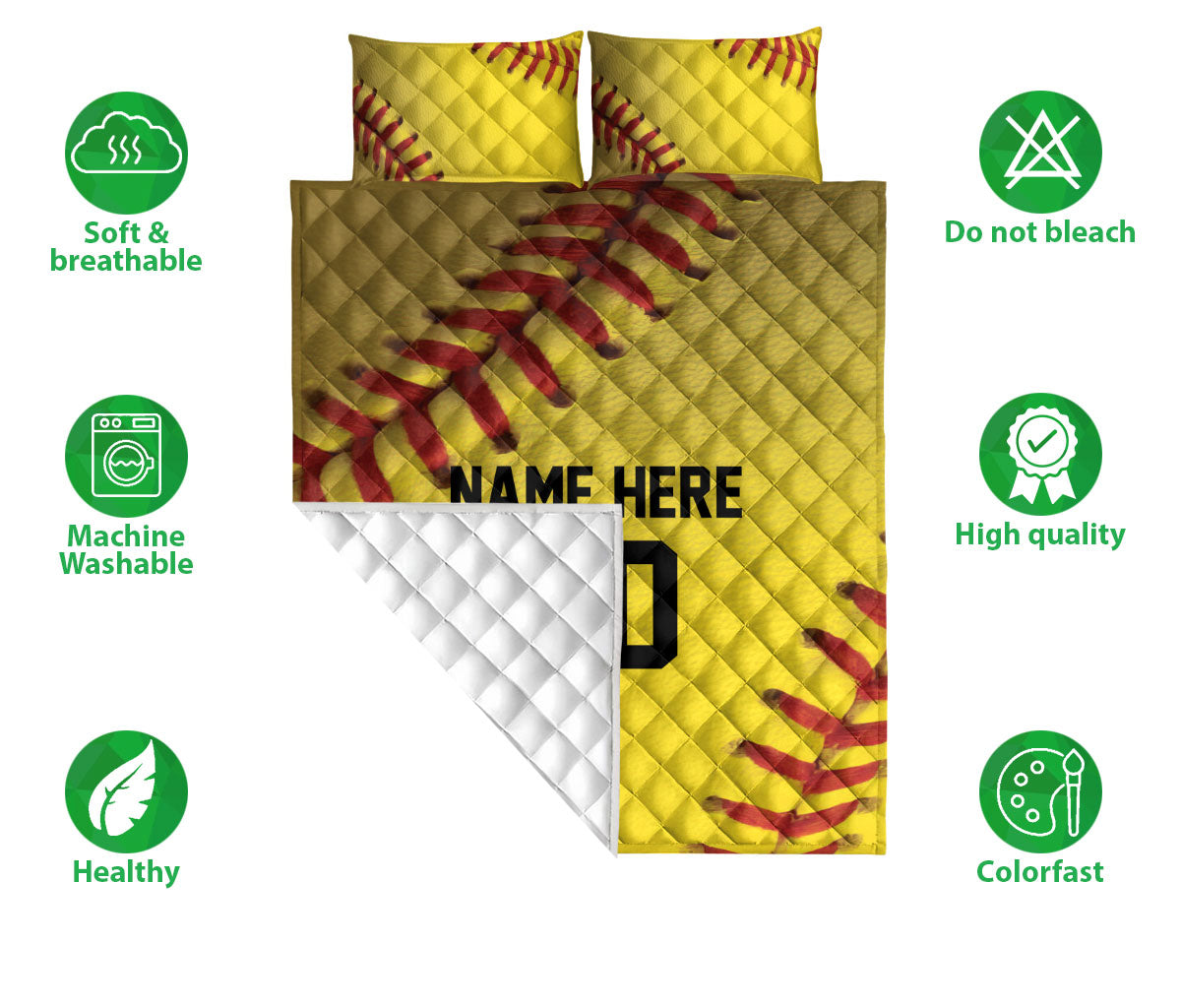 Ohaprints-Quilt-Bed-Set-Pillowcase-Softball-Yellow-Ball-Pattern-For-Sports-Lover-Custom-Personalized-Name-Number-Blanket-Bedspread-Bedding-1920-Double (70'' x 80'')