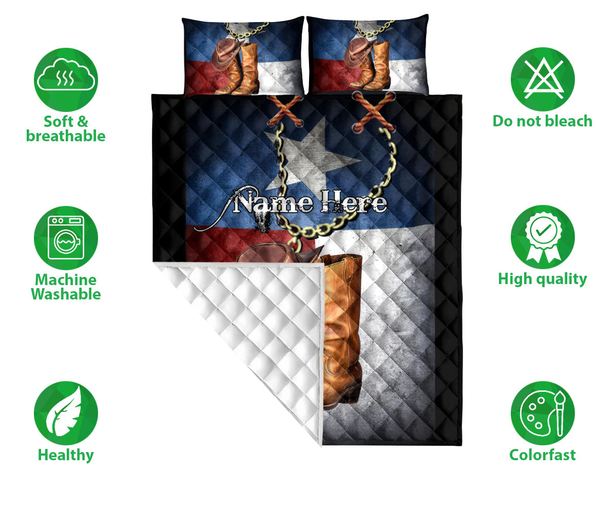 Ohaprints-Quilt-Bed-Set-Pillowcase-Horse-Lover-Cowboy-Cowgirl-Hat-Boots-Texas-Flag-Custom-Personalized-Name-Blanket-Bedspread-Bedding-3053-Double (70'' x 80'')