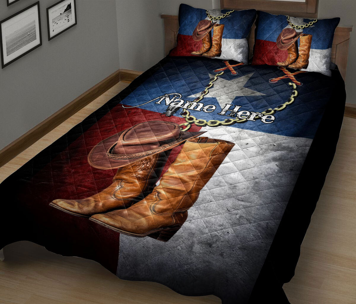 Ohaprints-Quilt-Bed-Set-Pillowcase-Horse-Lover-Cowboy-Cowgirl-Hat-Boots-Texas-Flag-Custom-Personalized-Name-Blanket-Bedspread-Bedding-3053-King (90'' x 100'')