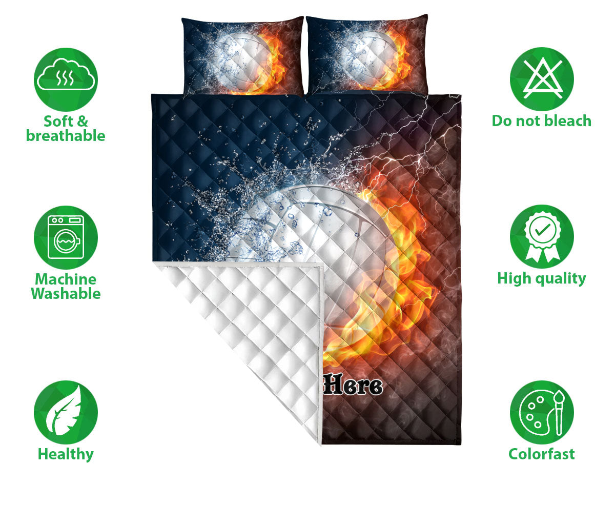 Ohaprints-Quilt-Bed-Set-Pillowcase-White-Volleyball-Fire-&-Water-Unique-Sports-Gift-Idea-Custom-Personalized-Name-Blanket-Bedspread-Bedding-1515-Double (70'' x 80'')