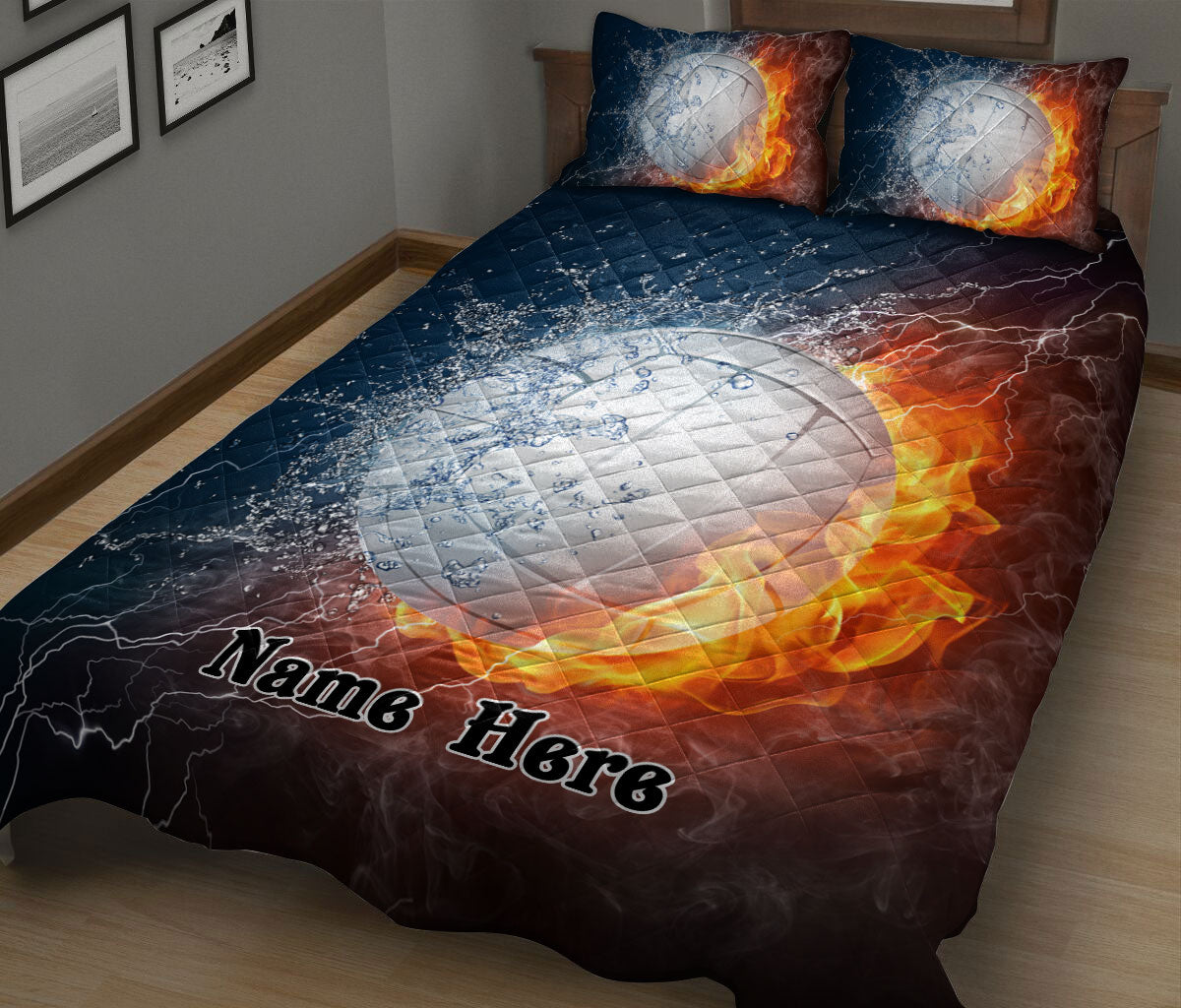 Ohaprints-Quilt-Bed-Set-Pillowcase-White-Volleyball-Fire-&-Water-Unique-Sports-Gift-Idea-Custom-Personalized-Name-Blanket-Bedspread-Bedding-1515-King (90'' x 100'')