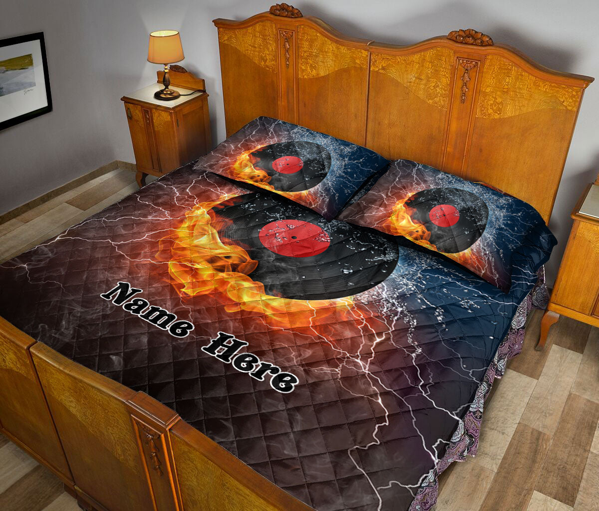 Ohaprints-Quilt-Bed-Set-Pillowcase-Vinyl-Record-Dj-Music-Fire-&-Water-Unique-Gift-Idea-Custom-Personalized-Name-Blanket-Bedspread-Bedding-936-Queen (80'' x 90'')