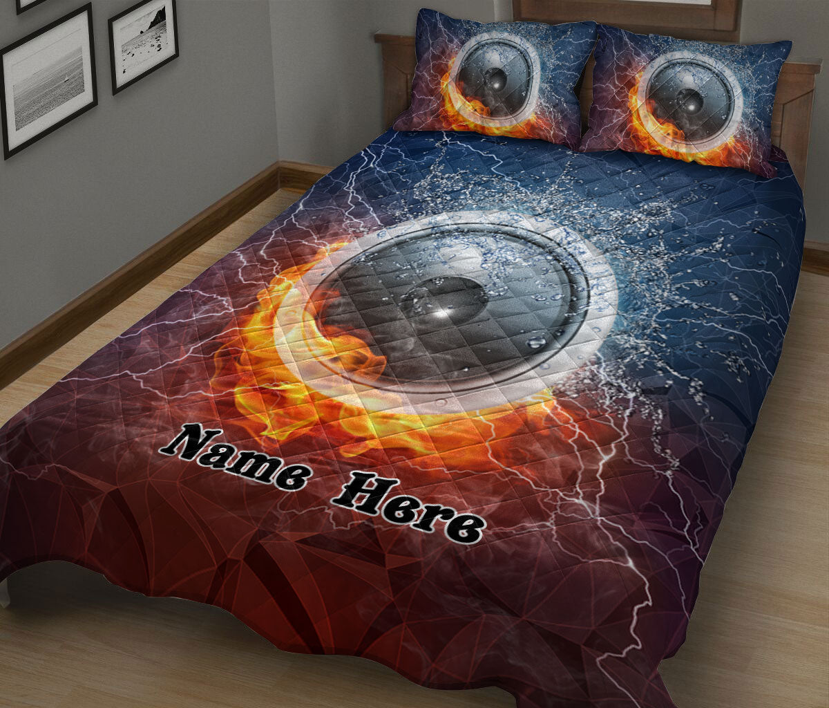 Ohaprints-Quilt-Bed-Set-Pillowcase-Speaker-Music-Lover-On-Fire-&-Water-Unique-Gift-Idea-Custom-Personalized-Name-Blanket-Bedspread-Bedding-2101-King (90'' x 100'')