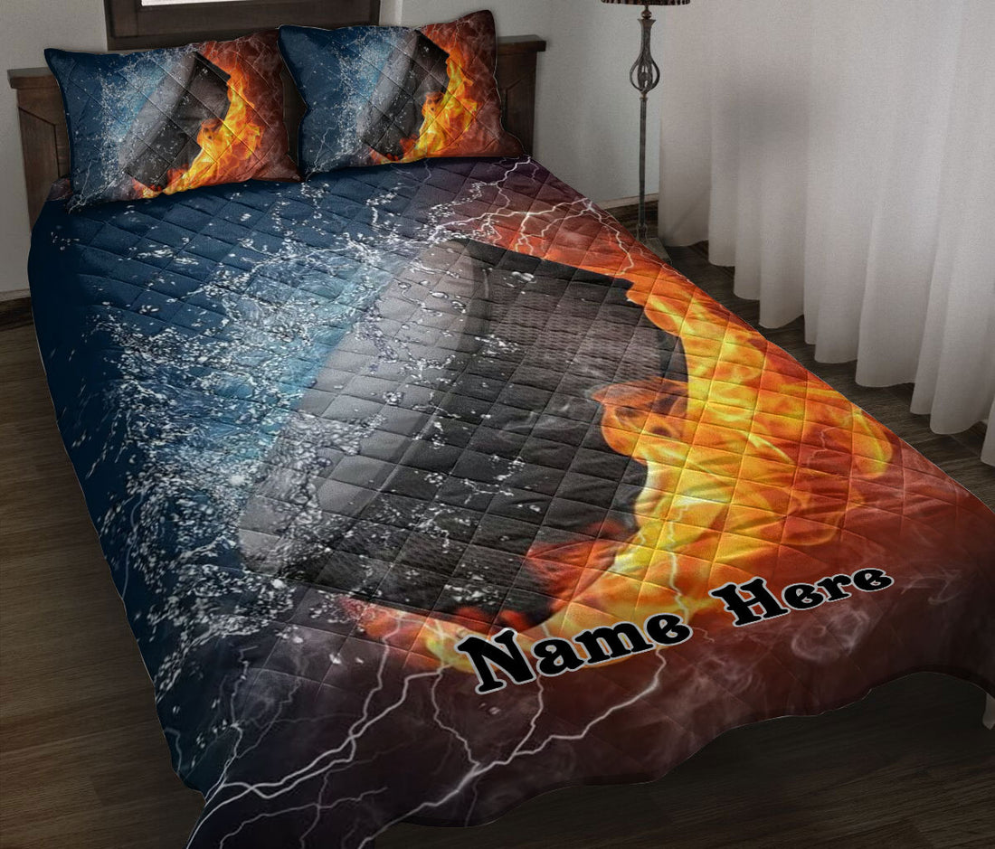 Ohaprints-Quilt-Bed-Set-Pillowcase-Hockey-Puck-Fire-&-Water-Unique-Sports-Gift-Idea-Custom-Personalized-Name-Blanket-Bedspread-Bedding-2696-Throw (55'' x 60'')