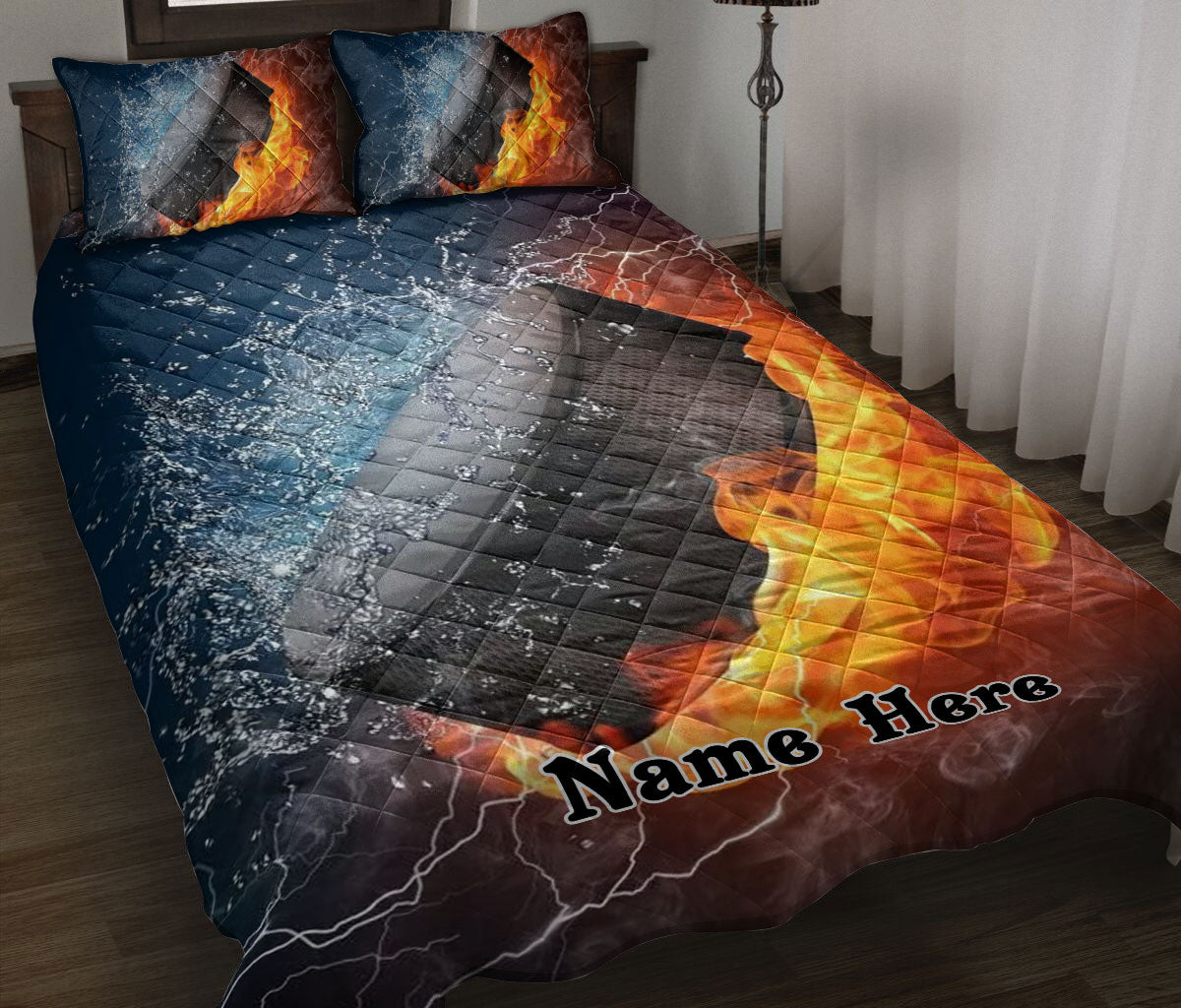 Ohaprints-Quilt-Bed-Set-Pillowcase-Hockey-Puck-Fire-&-Water-Unique-Sports-Gift-Idea-Custom-Personalized-Name-Blanket-Bedspread-Bedding-2696-Throw (55'' x 60'')