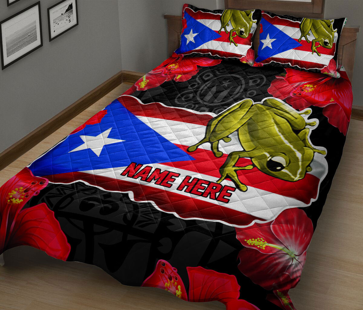 Ohaprints-Quilt-Bed-Set-Pillowcase-Puerto-Rican-Coqui-Puerto-Rico-Flag-Striped-Star-Custom-Personalized-Name-Blanket-Bedspread-Bedding-1517-King (90'' x 100'')