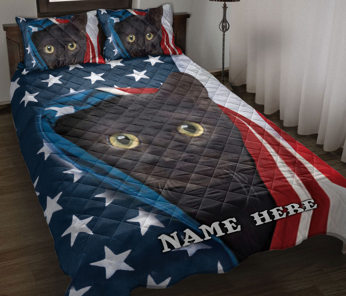 Ohaprints-Quilt-Bed-Set-Pillowcase-Black-Cat-Kitten-Patriot-July-4Th-American-Us-Flag-Custom-Personalized-Name-Blanket-Bedspread-Bedding-2104-Throw (55'' x 60'')