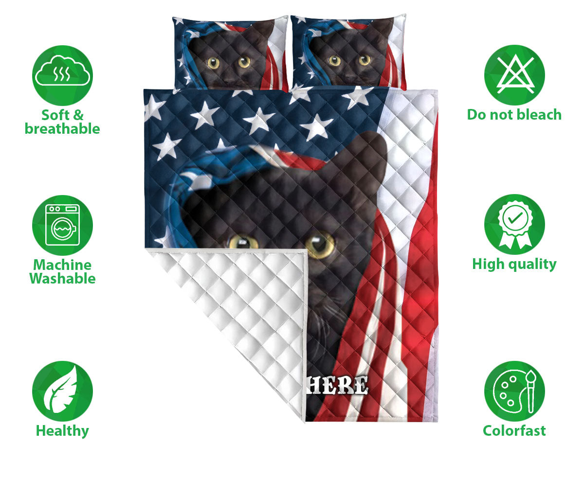 Ohaprints-Quilt-Bed-Set-Pillowcase-Black-Cat-Kitten-Patriot-July-4Th-American-Us-Flag-Custom-Personalized-Name-Blanket-Bedspread-Bedding-2104-Double (70'' x 80'')