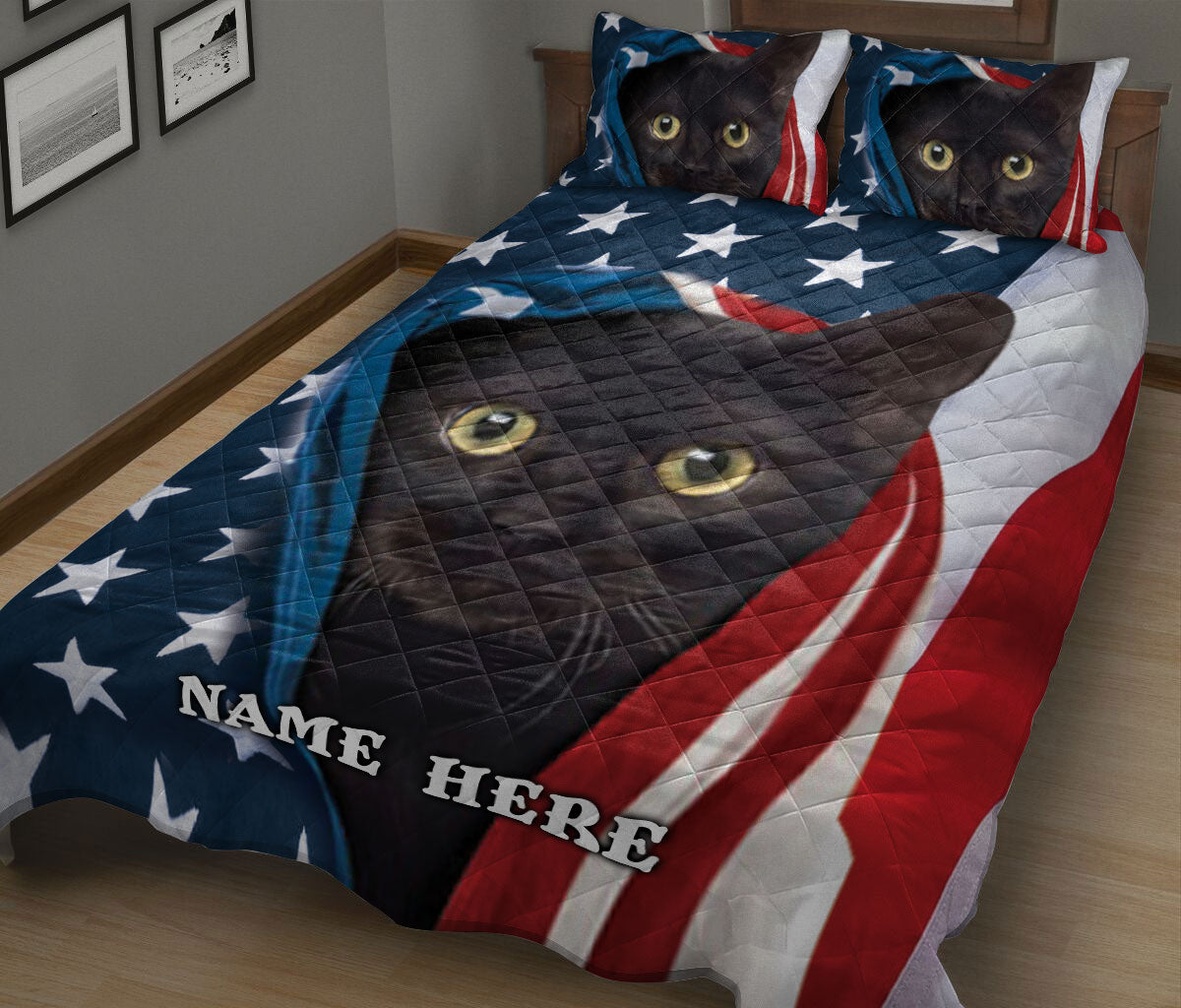 Ohaprints-Quilt-Bed-Set-Pillowcase-Black-Cat-Kitten-Patriot-July-4Th-American-Us-Flag-Custom-Personalized-Name-Blanket-Bedspread-Bedding-2104-King (90'' x 100'')