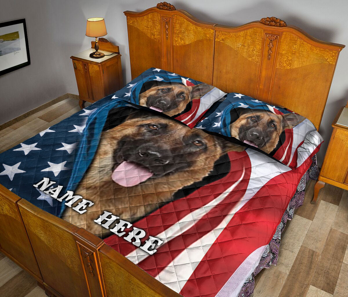 Ohaprints-Quilt-Bed-Set-Pillowcase-German-Shepherd-Patriot-July-4Th-American-Us-Flag-Custom-Personalized-Name-Blanket-Bedspread-Bedding-348-Queen (80'' x 90'')