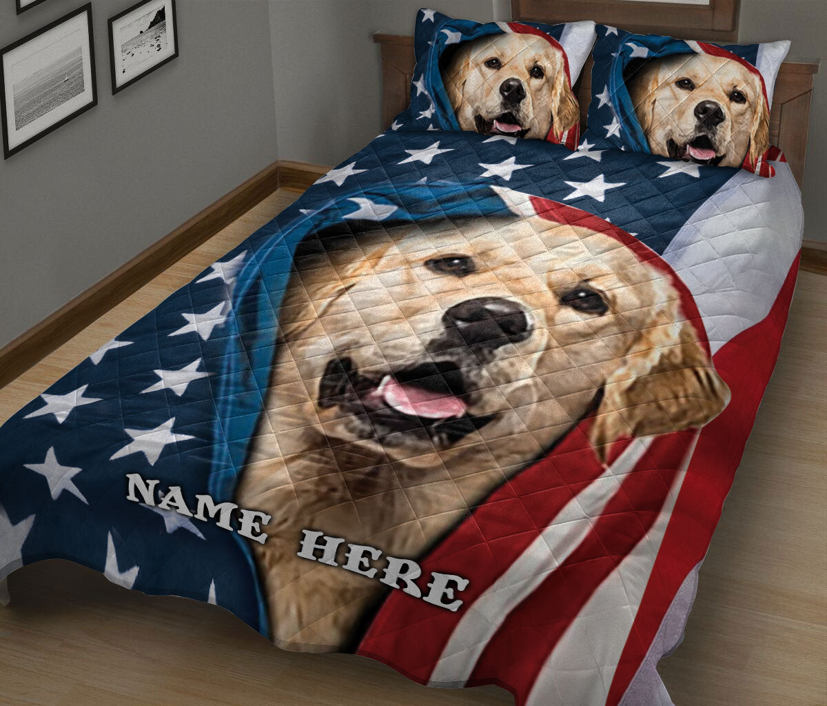 Ohaprints-Quilt-Bed-Set-Pillowcase-Golden-Retriever-Patriot-July-4Th-American-Us-Flag-Custom-Personalized-Name-Blanket-Bedspread-Bedding-939-King (90'' x 100'')