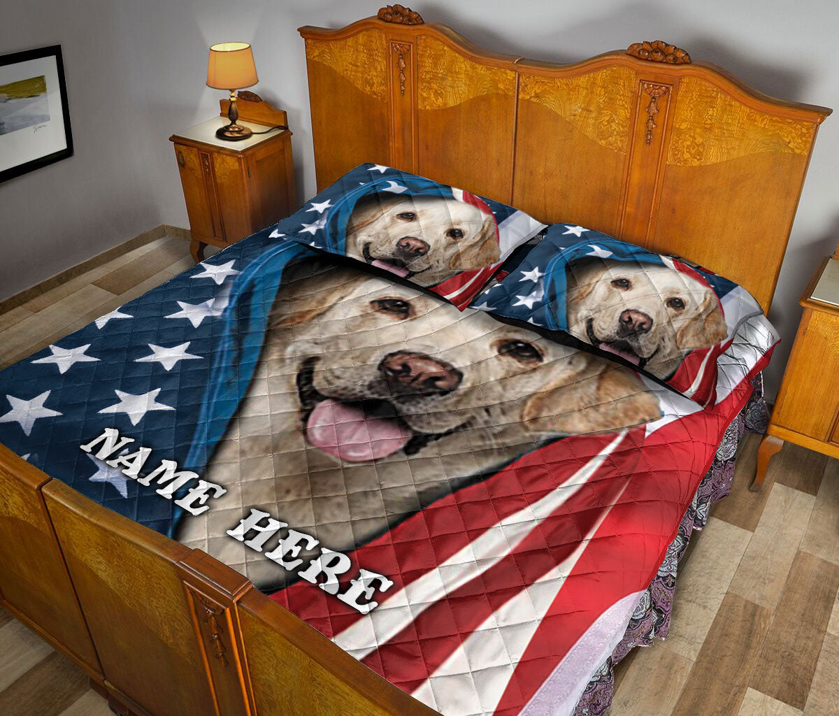 Ohaprints-Quilt-Bed-Set-Pillowcase-Labrador-Retriever-Patriot-July-4Th-American-Us-Flag-Custom-Personalized-Name-Blanket-Bedspread-Bedding-1520-Queen (80'' x 90'')