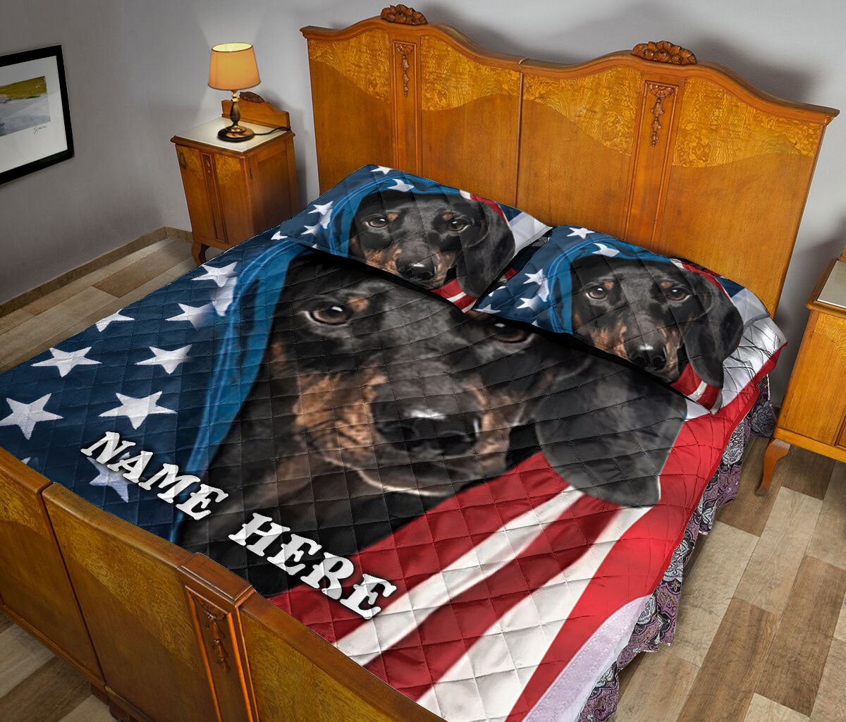 Ohaprints-Quilt-Bed-Set-Pillowcase-Dachshund-Wiener-Patriot-July-4Th-American-Us-Flag-Custom-Personalized-Name-Blanket-Bedspread-Bedding-2700-Queen (80'' x 90'')